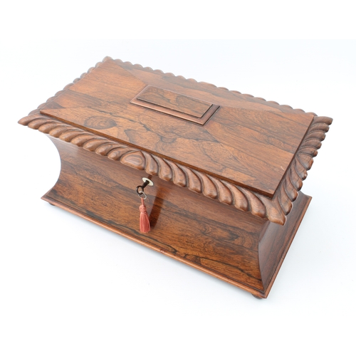 707 - An unusually large late-Regency rosewood sarcophagus tea caddy - with gadrooned border to the hinged... 