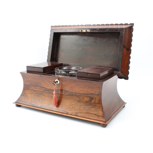 707 - An unusually large late-Regency rosewood sarcophagus tea caddy - with gadrooned border to the hinged... 