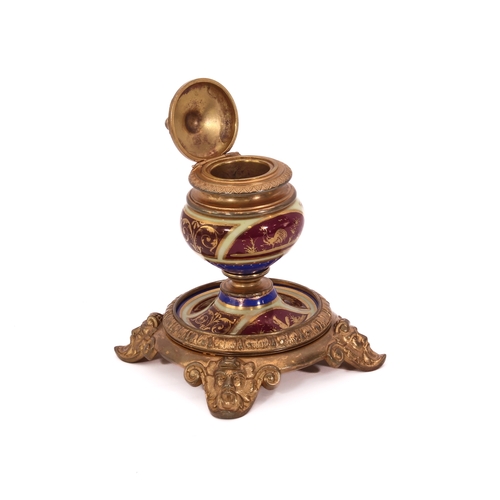 708 - A Paris style ormolu and porcelain four-piece desk set - early 20th century, comprising an inkwell w... 