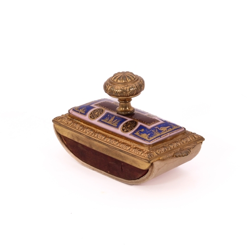 708 - A Paris style ormolu and porcelain four-piece desk set - early 20th century, comprising an inkwell w... 