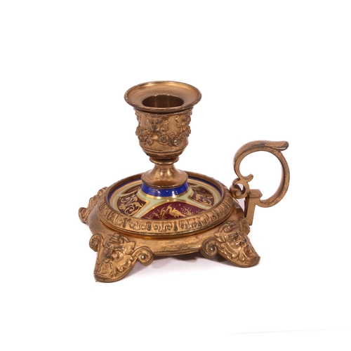 708 - A Paris style ormolu and porcelain four-piece desk set - early 20th century, comprising an inkwell w... 