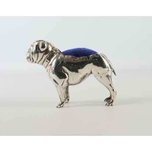 107 - An Edwardian silver pincushion by Adie and Lovekin in the form of a well-modelled standing bulldog w... 