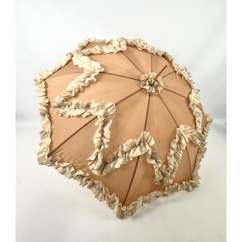 665 - A vintage mid-20th century ladies parasol in the Victorian style - the pale tan umbrella with ivory ... 