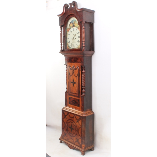 276 - A mid-19th century inlaid honey oak and mahogany eight day longcase clock with moonphase by D. Robin... 