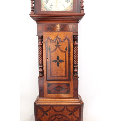 276 - A mid-19th century inlaid honey oak and mahogany eight day longcase clock with moonphase by D. Robin... 