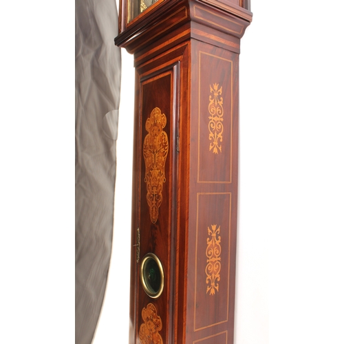 280 - An early 18th century mahogany, satinwood and marquetry eight day longcase clock - the square brass ... 