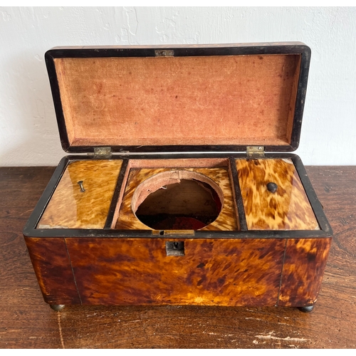 716 - A Regency tortoiseshell tea caddy - rectangular with domed lid and silver metal stringing, on bun fe... 