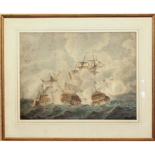 372 - after Nicholas Pocock (British, 1755-1838)
 A set of three:
 1. 'H.M.S. Brunswick breaking the enemy... 