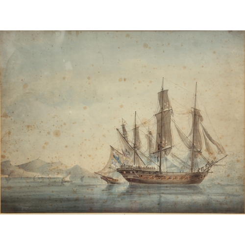 372 - after Nicholas Pocock (British, 1755-1838)
 A set of three:
 1. 'H.M.S. Brunswick breaking the enemy... 