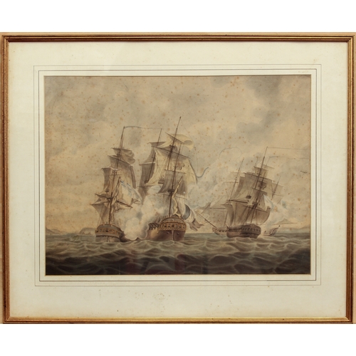 372 - after Nicholas Pocock (British, 1755-1838)
 A set of three:
 1. 'H.M.S. Brunswick breaking the enemy... 