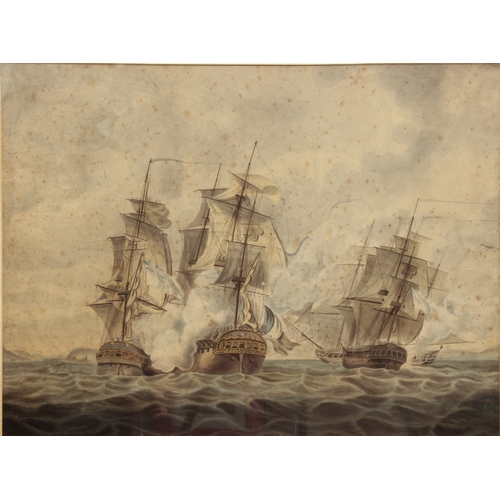 372 - after Nicholas Pocock (British, 1755-1838)
 A set of three:
 1. 'H.M.S. Brunswick breaking the enemy... 