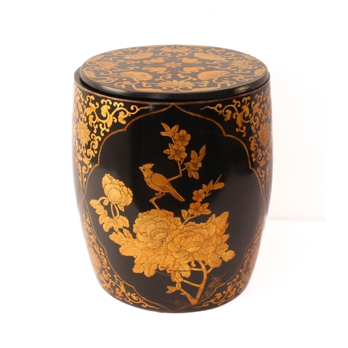 434 - A Chinese black lacquered and gilt rice barrel occasional table - 20th century, painted with three s... 