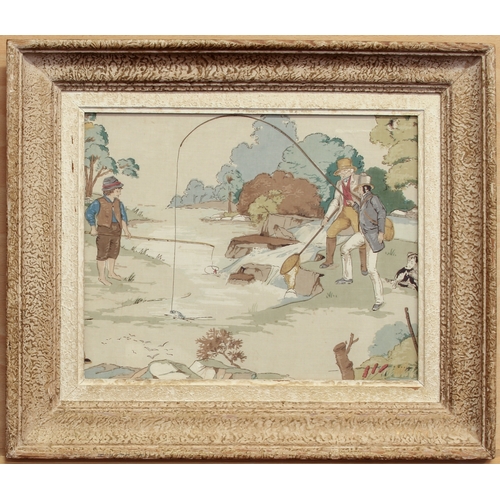 653 - A framed and glazed Sanderson printed cotton panel, 1930s - depicting figures in Victorian attire fi... 