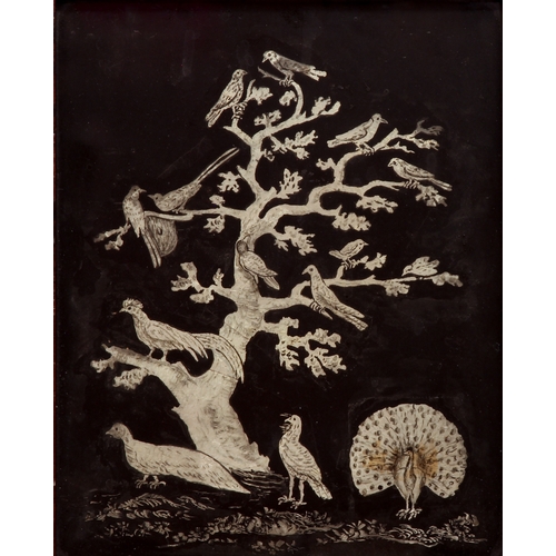 714 - A chinoiserie style reverse painting on glass, probably second half 19th century - silver on black, ... 