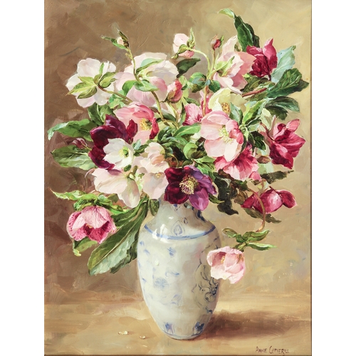 327 - Anne Cotterill (British, 1933-2010)
 Hellebores in a blue and white Chinese vase
 oil on board, sign... 