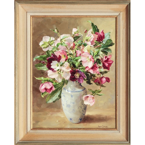 327 - Anne Cotterill (British, 1933-2010)
 Hellebores in a blue and white Chinese vase
 oil on board, sign... 