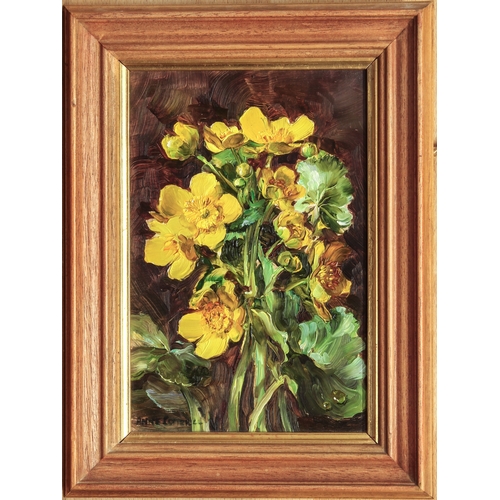 339 - Anne Cotterill (British, 1933-2010)
 Marsh Marigolds
 oil on board, signed lower left
 8½ x 5½in (21... 