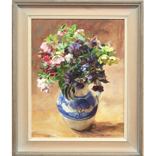 369 - Anne Cotterill (British, 1933-2010)
 Hellebores in a blue and white jug
 oil on board, signed
 19½ x... 