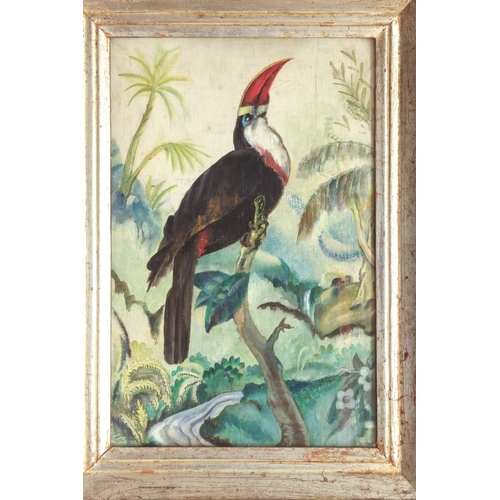 381 - Mid-20th century school
 A toucan in a rainforest landscape
 oil on plywood, unsigned
 17½ x 11½in (... 