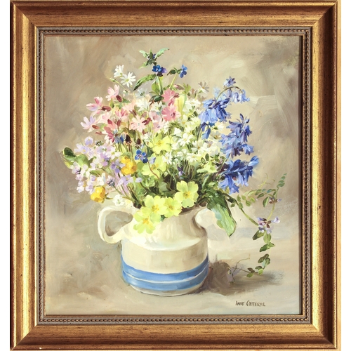 386 - Anne Cotterill (British, 1933-2010)
 Spring flowers in a jug
 oil on board, signed
 13 x 12in