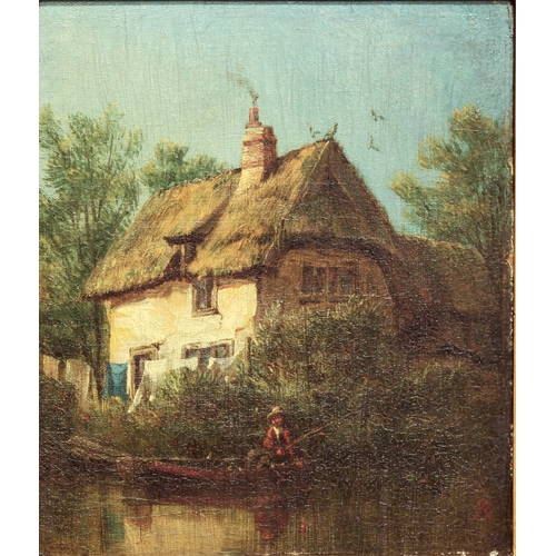 397 - Attributed to Abraham Solomon (British, 1824-1862)
 A figure fishing outside a thatched cottage
 oil... 