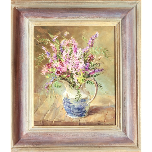 401 - Anne Cotterill (British, 1933-2010)
 Vetch and Ragged Robin in a Victorian jug
 oil on board, signed... 