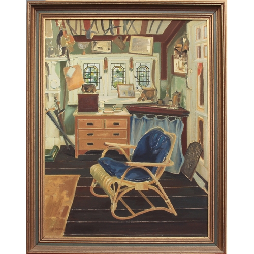 412 - Sheldon (British, mid-20th century)
 Interior scene with blue chair
 oil on canvas, signed lower lef... 