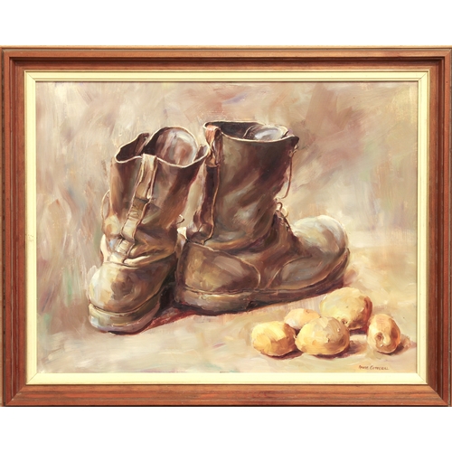 415 - Anne Cotterill (British, 1933-2010)
 Work boots and potatoes
 oil on board, signed
 15 x 20in