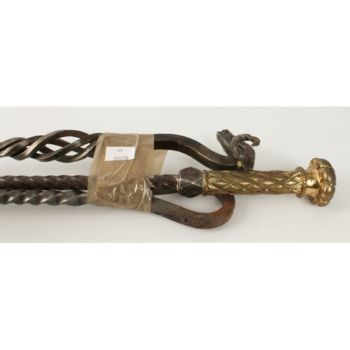 676 - A group of eight brass, polished steel and wrought iron fire irons - including a set of 19th century... 