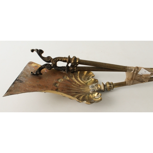 676 - A group of eight brass, polished steel and wrought iron fire irons - including a set of 19th century... 