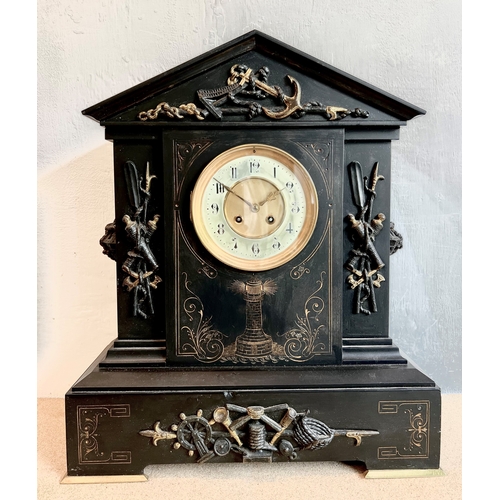 269 - A large and impressive slate mantel clock, c.1900 - the architectural case decorated with naval trop... 