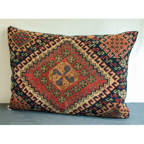 630 - Two Qashqai, South West Persian rug fragment cushions - the larger 57 x 40cm, the other 46 x 42cm.