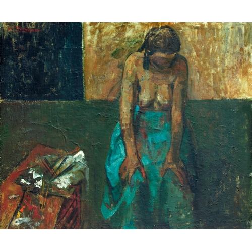 375 - William Robinson Thomson (British, 1926-1988)
 Woman in a turquoise skirt
 oil on board, signed in r... 