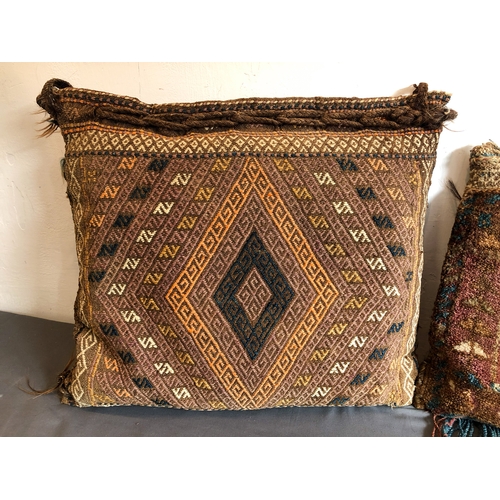 631 - A Belouch saddle bag cushion - 37 x 37cm; and a Turkish saddle bag cushion, 50 x 41cm. (2)