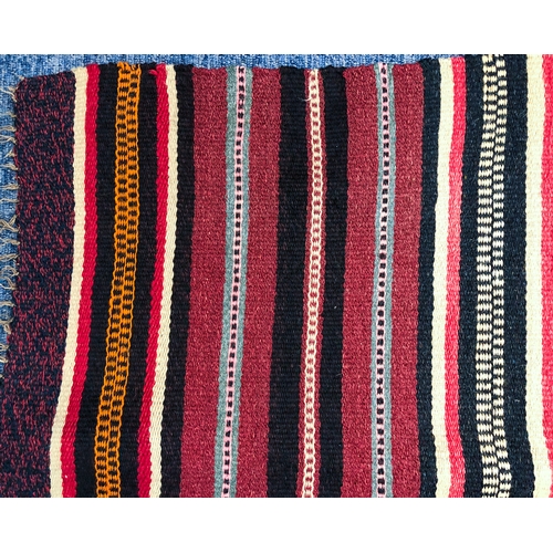 636 - A flat-weave rug or panel, probably Caucasian - with horizontal stripes in wine red, charcoal, deep ... 