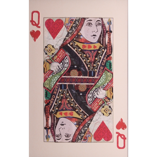 420 - A pair of King and Queen of Hearts playing card collage pictures - modern, with 3D effect, in ebonis... 