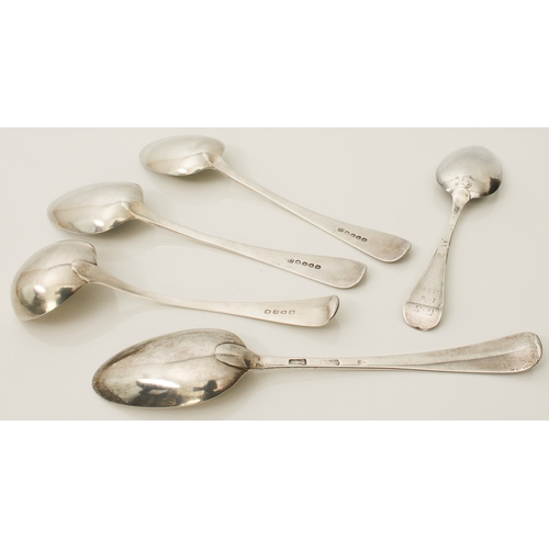 112 - Five pieces of Georgian silver flatware - comprising a pair of George III OEP table spoons, Thomas W... 