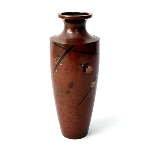 62 - A Japanese bronze and mixed metal vase - Meiji period (1868-1912), of slender ovoid form with waiste... 