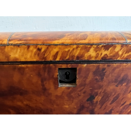 716 - A Regency tortoiseshell tea caddy - rectangular with domed lid and silver metal stringing, on bun fe... 