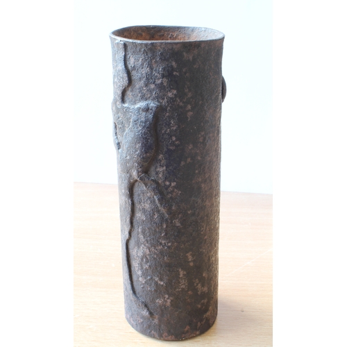 63 - A Japanese cast iron hanging vase - probably late 19th century, of cylindrical form, with hanging ri... 