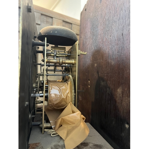 248 - A Queen Anne walnut and marquetry longcase clock - the square brass dial with twin cherub and crown ... 