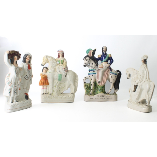 17 - Four 19th century Staffordshire flatback figures – including the Duke of Cambridge on horseback, 35c... 