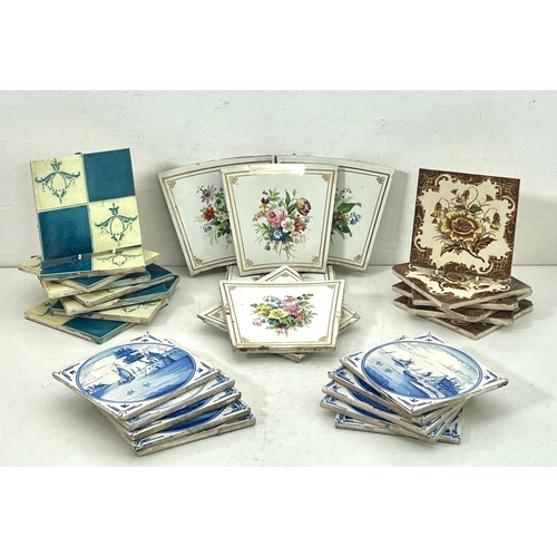 36 - Four sets of antique and vintage ceramic tiles - comprising ten Delft style blue and white earthenwa... 