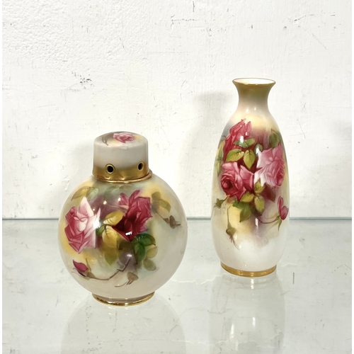 8 - Two Royal Worcester pink rose decorated vases - puce printed factory marks, comprising a slender ovo... 