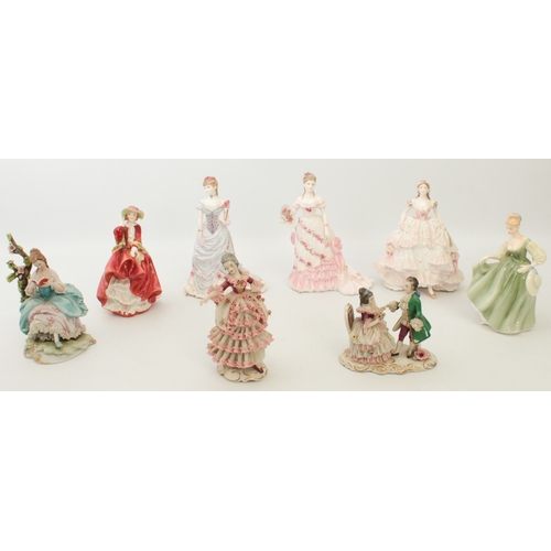 43 - Eight porcelain and bone china figures:
 Royal Worcester CW284 'The Golden Jubilee Ball',  CW159 'Ro... 