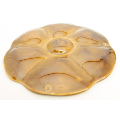 90 - A set of French Gien oyster plates - black printed factory marks, glazed in ochre, 23.75cm diameter.