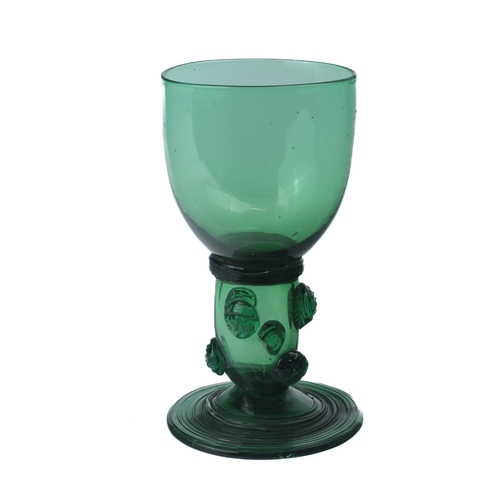 100 - A set of six Continental roemer style green wine glasses - probably 19th century, the ovoid bowls on... 