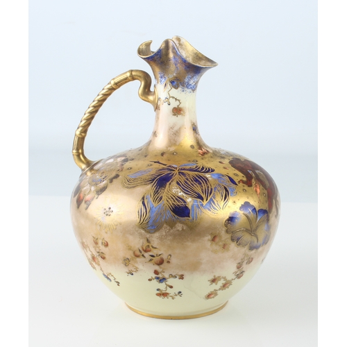 40 - A large Royal Crown Derby porcelain ewer-shaped vase with gilded handle, floral decoration, raised j... 