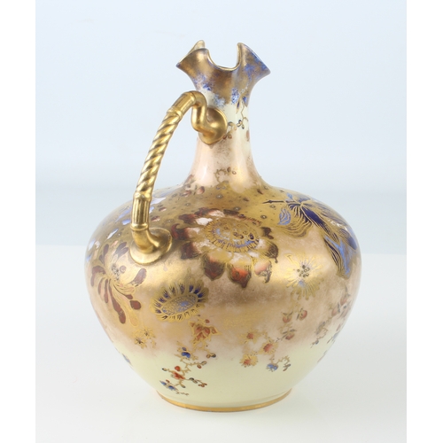 40 - A large Royal Crown Derby porcelain ewer-shaped vase with gilded handle, floral decoration, raised j... 