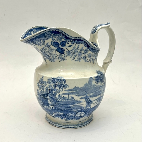 43 - A mid-19th century pearlware blue and white transfer printed jug and bowl - decorated with Orientali... 